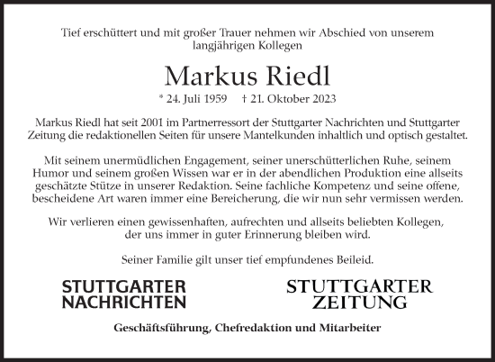 Traueranzeige von Markus Riedl von Stuttgarter Zeitung / Stuttgarter Nachrichten