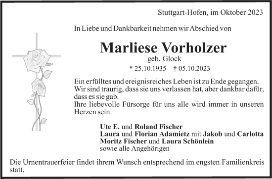 Traueranzeige von Marliese Vorholzer von Stuttgarter Zeitung / Stuttgarter Nachrichten