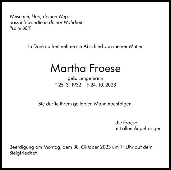 Traueranzeige von Martha Froese von Stuttgarter Zeitung / Stuttgarter Nachrichten