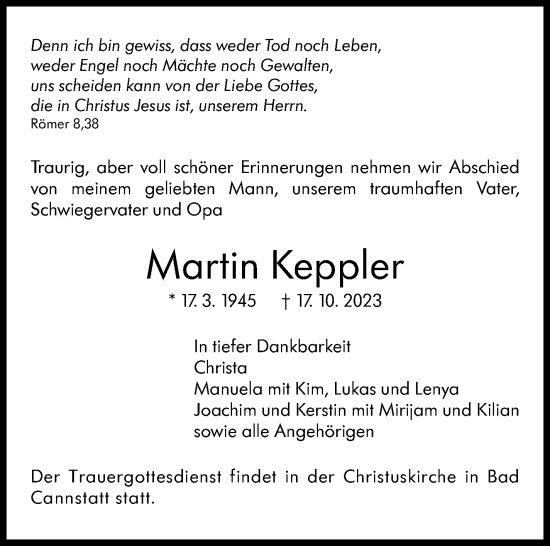 Traueranzeige von Martin Keppler von Stuttgarter Zeitung / Stuttgarter Nachrichten