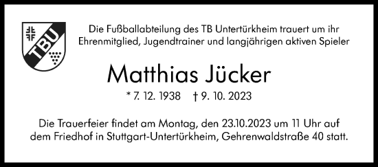 Traueranzeige von Matthias Jücker von Stuttgarter Zeitung / Stuttgarter Nachrichten