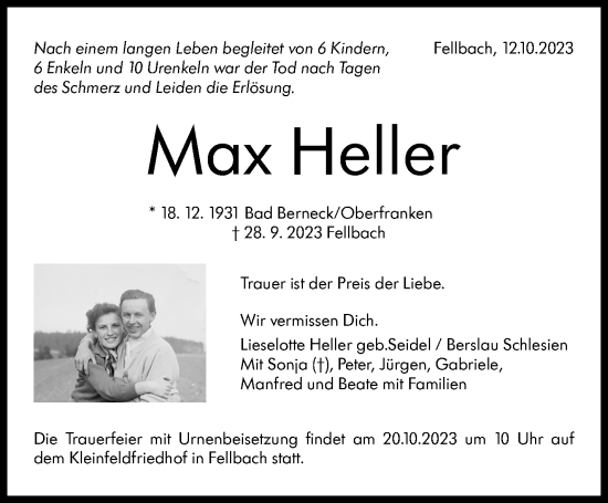 Traueranzeige von Max Heller von Stuttgarter Zeitung / Stuttgarter Nachrichten