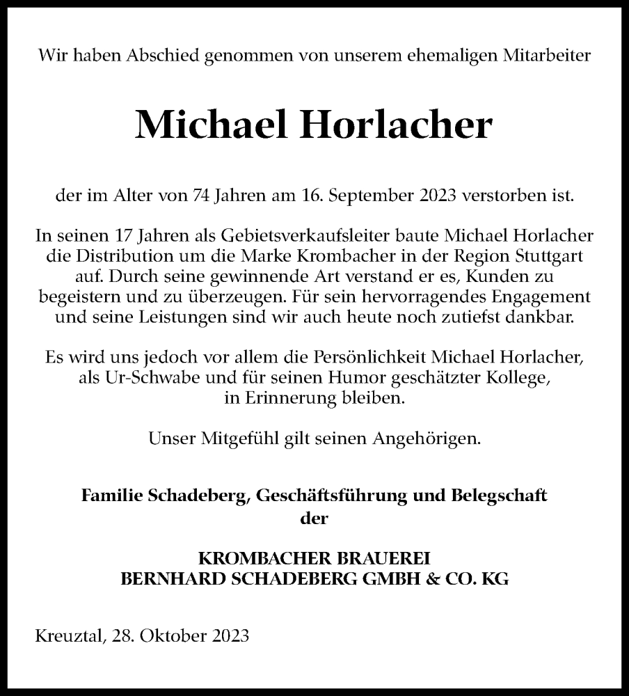  Traueranzeige für Michael Horlacher vom 28.10.2023 aus Stuttgarter Zeitung / Stuttgarter Nachrichten