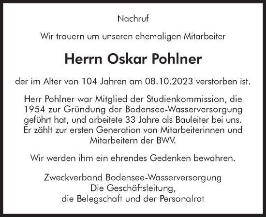 Traueranzeige von Oskar Pohlner von Stuttgarter Zeitung / Stuttgarter Nachrichten