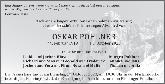 Traueranzeige von Oskar Pohlner von Stuttgarter Zeitung / Stuttgarter Nachrichten