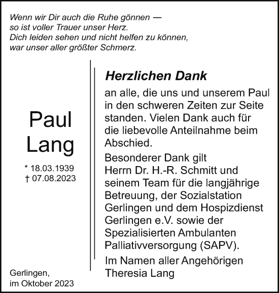 Traueranzeige von Paul Lang von Stuttgarter Zeitung / Stuttgarter Nachrichten