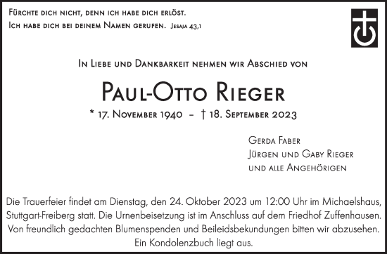 Traueranzeige von Paul-Otto Rieger von Stuttgarter Zeitung / Stuttgarter Nachrichten