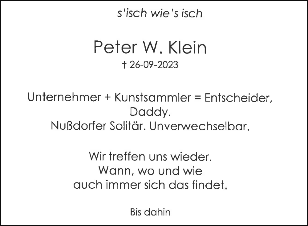  Traueranzeige für Peter Klein vom 02.10.2023 aus Stuttgarter Zeitung / Stuttgarter Nachrichten