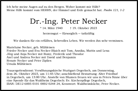 Traueranzeige von Peter Necker von Stuttgarter Zeitung / Stuttgarter Nachrichten