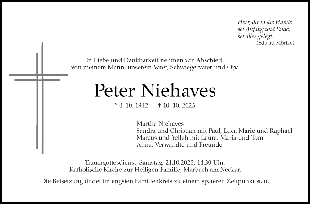  Traueranzeige für Peter Niehaves vom 14.10.2023 aus Stuttgarter Zeitung / Stuttgarter Nachrichten