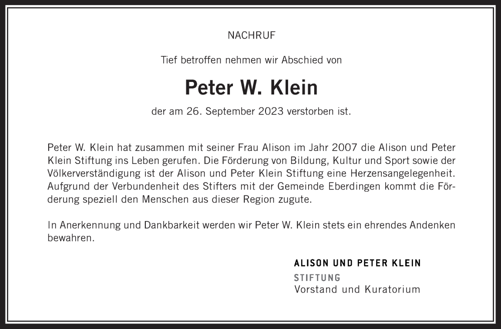 Traueranzeige für Peter W. Klein vom 04.10.2023 aus Stuttgarter Zeitung / Stuttgarter Nachrichten