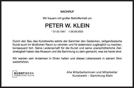 Traueranzeige von Peter W. Klein von Stuttgarter Zeitung / Stuttgarter Nachrichten