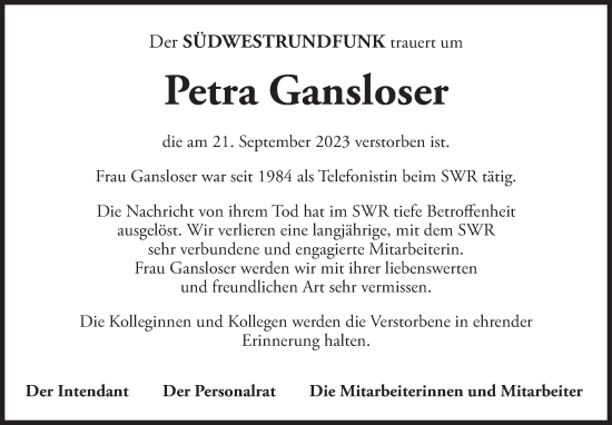 Traueranzeige von Petra Gansloser von Stuttgarter Zeitung / Stuttgarter Nachrichten
