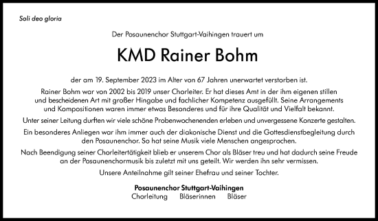 Traueranzeige von Rainer Bohm von Stuttgarter Zeitung / Stuttgarter Nachrichten