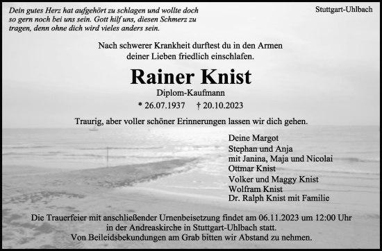 Traueranzeige von Rainer Knist von Stuttgarter Zeitung / Stuttgarter Nachrichten