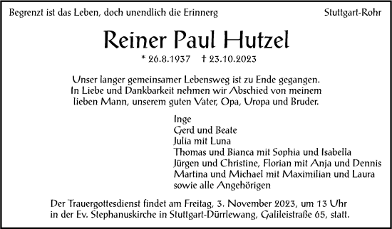 Traueranzeige von Reiner Paul Hutzel von Stuttgarter Zeitung / Stuttgarter Nachrichten