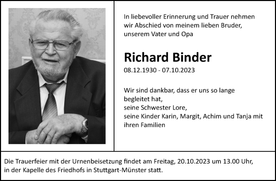 Traueranzeige von Richard Binder von Stuttgarter Zeitung / Stuttgarter Nachrichten
