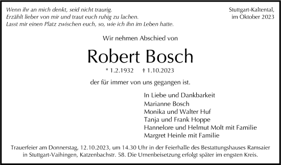 Traueranzeige von Robert Bosch von Stuttgarter Zeitung / Stuttgarter Nachrichten