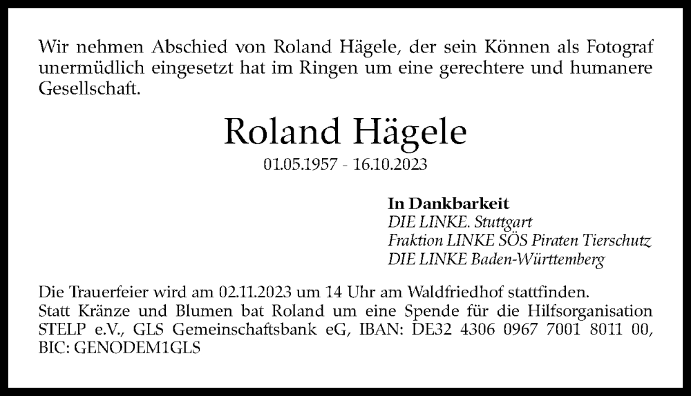  Traueranzeige für Roland Hägele vom 31.10.2023 aus Stuttgarter Zeitung / Stuttgarter Nachrichten