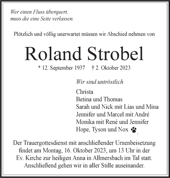 Traueranzeige von Roland Strobel von Stuttgarter Zeitung / Stuttgarter Nachrichten
