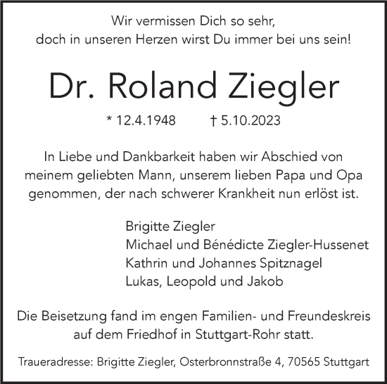 Traueranzeige von Roland Ziegler von Stuttgarter Zeitung / Stuttgarter Nachrichten