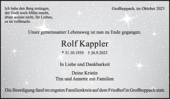 Traueranzeige von Rolf Kappler von Stuttgarter Zeitung / Stuttgarter Nachrichten