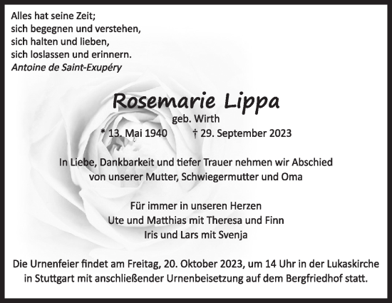 Traueranzeige von Rosemarie Lippa von Stuttgarter Zeitung / Stuttgarter Nachrichten