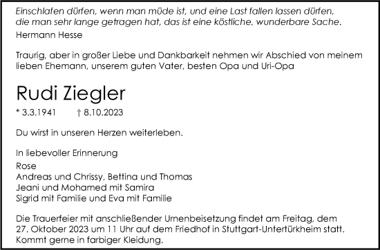 Traueranzeige von Rudi Ziegler von Stuttgarter Zeitung / Stuttgarter Nachrichten