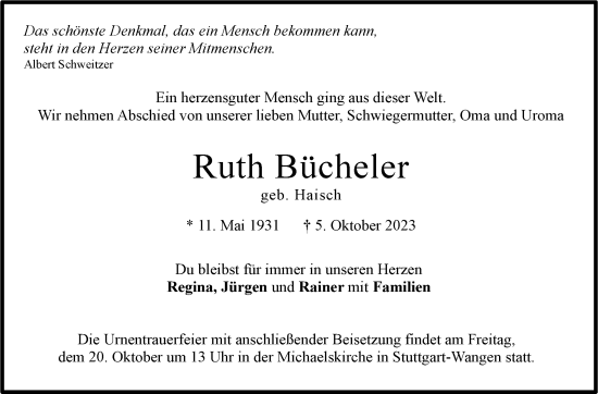 Traueranzeige von Ruth Bücheler von Stuttgarter Zeitung / Stuttgarter Nachrichten