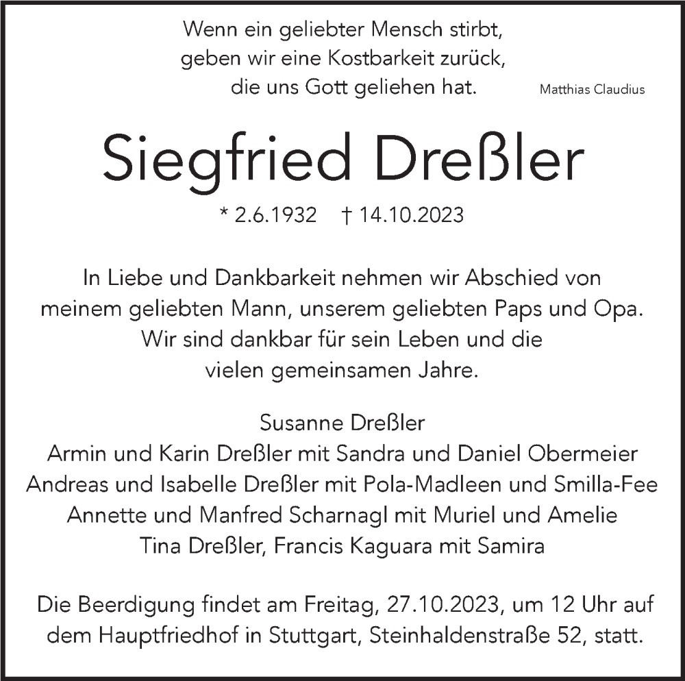  Traueranzeige für Siegfried Dreßler vom 21.10.2023 aus Stuttgarter Zeitung / Stuttgarter Nachrichten