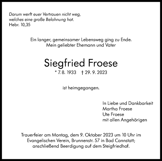 Traueranzeige von Siegfried Froese von Stuttgarter Zeitung / Stuttgarter Nachrichten