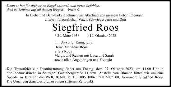 Traueranzeige von Siegfried Roos von Stuttgarter Zeitung / Stuttgarter Nachrichten