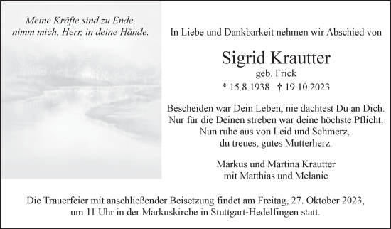 Traueranzeige von Sigrid Krautter von Stuttgarter Zeitung / Stuttgarter Nachrichten