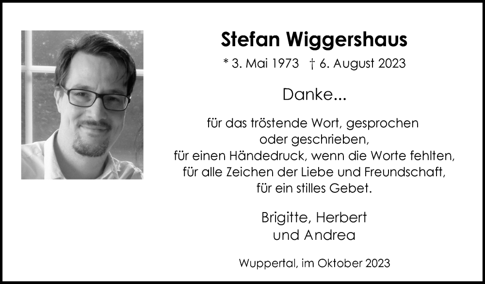  Traueranzeige für Stefan Wiggershaus vom 07.10.2023 aus Stuttgarter Zeitung / Stuttgarter Nachrichten