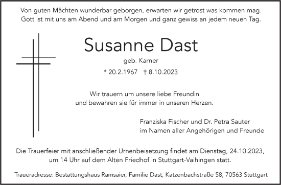 Traueranzeige von Susanne Dast von Stuttgarter Zeitung / Stuttgarter Nachrichten