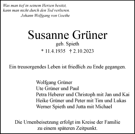 Traueranzeige von Susanne Grüner von Stuttgarter Zeitung / Stuttgarter Nachrichten