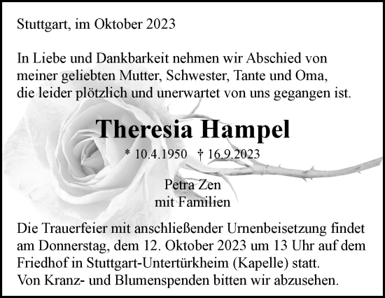Traueranzeige von Theresia Hampel von Stuttgarter Zeitung / Stuttgarter Nachrichten