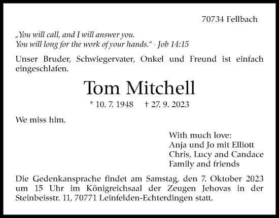 Traueranzeige von Tom Mitchell von Stuttgarter Zeitung / Stuttgarter Nachrichten