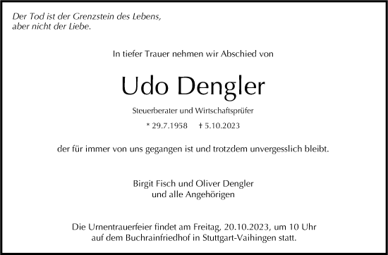 Traueranzeige von Udo Dengler von Stuttgarter Zeitung / Stuttgarter Nachrichten