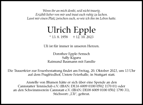 Traueranzeige von Ulrich Epple von Stuttgarter Zeitung / Stuttgarter Nachrichten