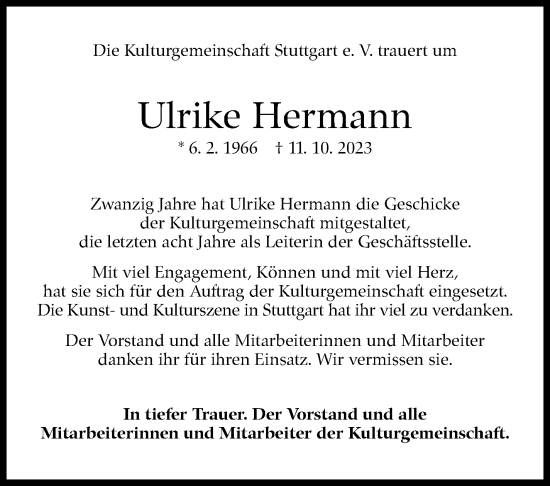 Traueranzeige von Ulrike Hermann von Stuttgarter Zeitung / Stuttgarter Nachrichten