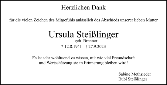 Traueranzeige von Ursula Steißlinger von Stuttgarter Zeitung / Stuttgarter Nachrichten