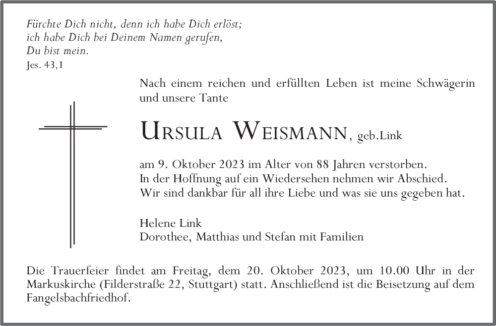  Traueranzeige für Ursula Weismann vom 17.10.2023 aus Stuttgarter Zeitung / Stuttgarter Nachrichten