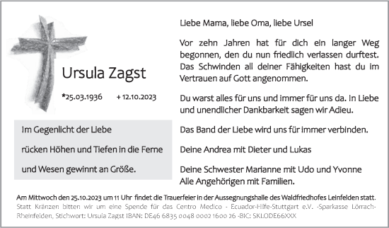 Traueranzeige von Ursula Zagst von Stuttgarter Zeitung / Stuttgarter Nachrichten