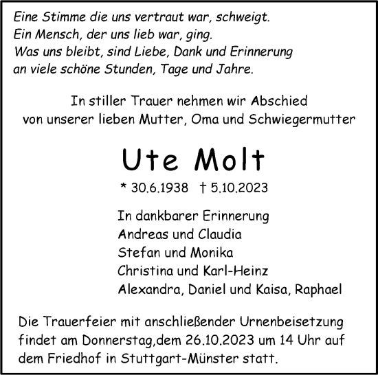 Traueranzeige von Ute Molt von Stuttgarter Zeitung / Stuttgarter Nachrichten