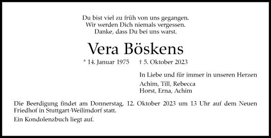 Traueranzeige von Vera Böskens von Stuttgarter Zeitung / Stuttgarter Nachrichten