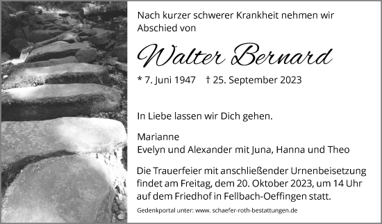 Traueranzeige von Walter Bernard von Stuttgarter Zeitung / Stuttgarter Nachrichten