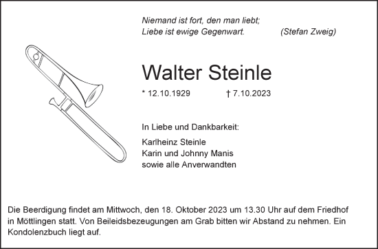 Traueranzeige von Walter Steinle von Stuttgarter Zeitung / Stuttgarter Nachrichten