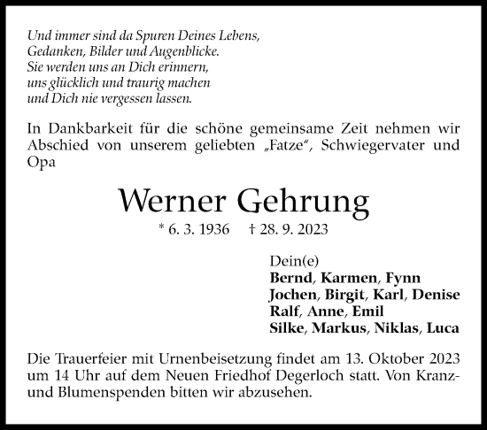 Traueranzeige von Werner Gehrung von Stuttgarter Zeitung / Stuttgarter Nachrichten