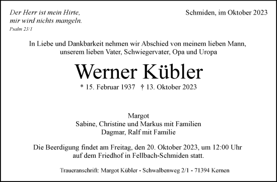 Traueranzeige von Werner Kübler von Stuttgarter Zeitung / Stuttgarter Nachrichten